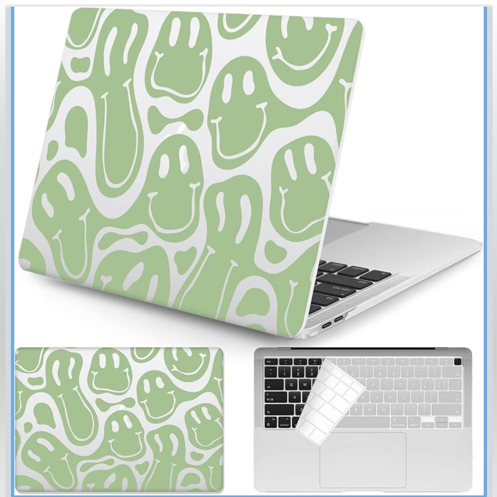 NWOT Compatible New MacBook Air 13” Laptop Case Retro 70's Smiley Pattern Green
